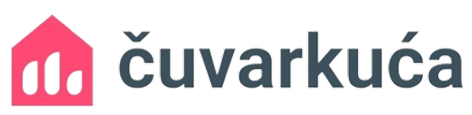Ružičasta ikona kuće pored natpisa "čuvarkuća" u tamnosivoj boji.