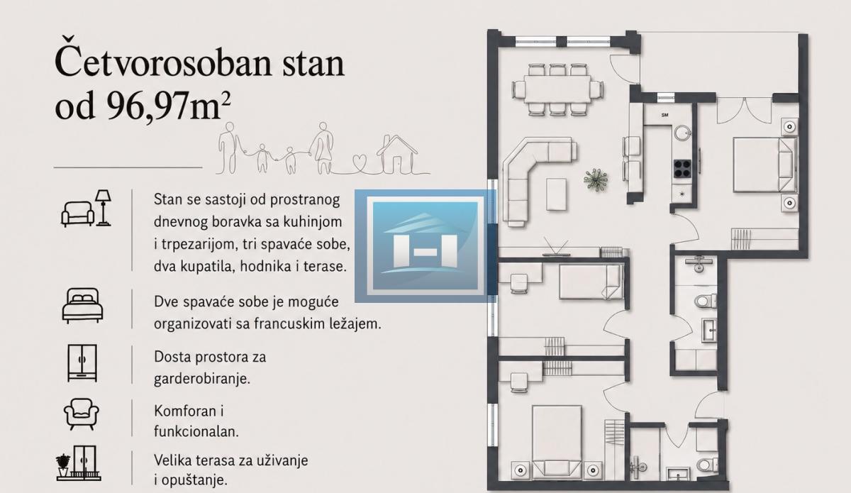 ČETVOROSOBAN STAN U IZGRADNJI SA ODLIČNIM RASPOREDOM I POGLEDOM