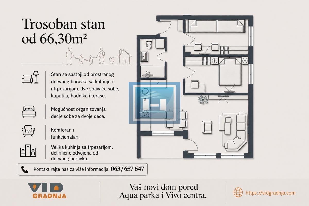 TROSOBAN STAN U IZGRADNJI SA ODLIČNIM RASPOREDOM I POGLEDOM