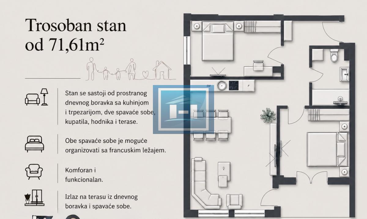 TROSOBAN STAN U IZGRADNJI SA ODLIČNIM RASPOREDOM I POGLEDOM