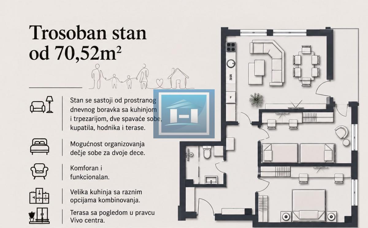 TROSOBAN STAN U IZGRADNJI SA ODLIČNIM RASPOREDOM I POGLEDOM